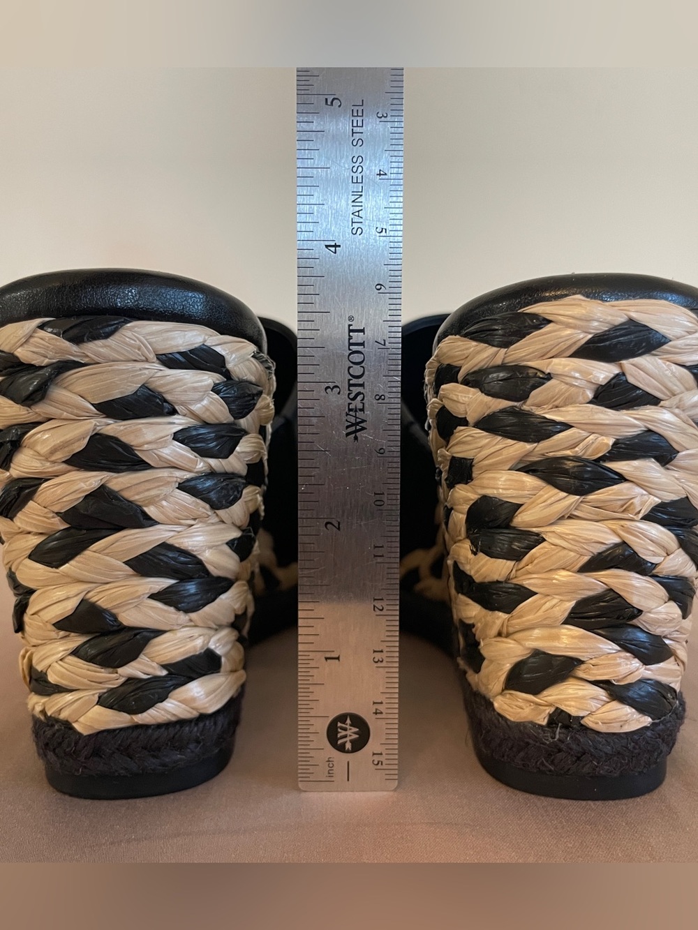 Vince Camuto Black Leather and Woven Espadrille Wedge Mules - Picture 3 of 6